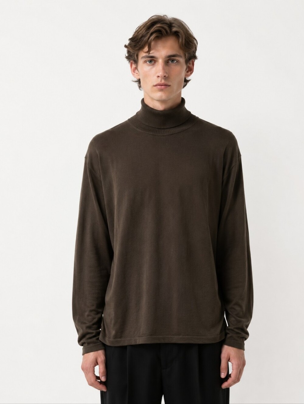Kevoman 100% Silk Men's Brown Turtleneck Sweater Quiet Luxury Minimalist